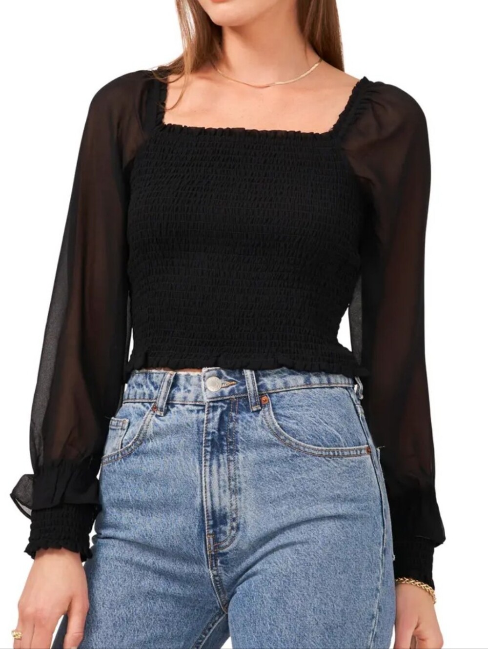 Gianni Bini Square Neck Smocked Blouse In Black